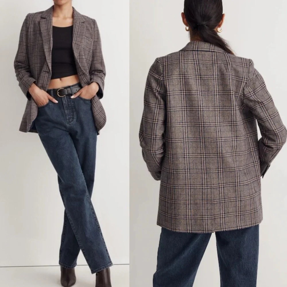 Madewell Larsen Blazer in Glen Plaid Indigo Blue Tan Academia Office Career Wool